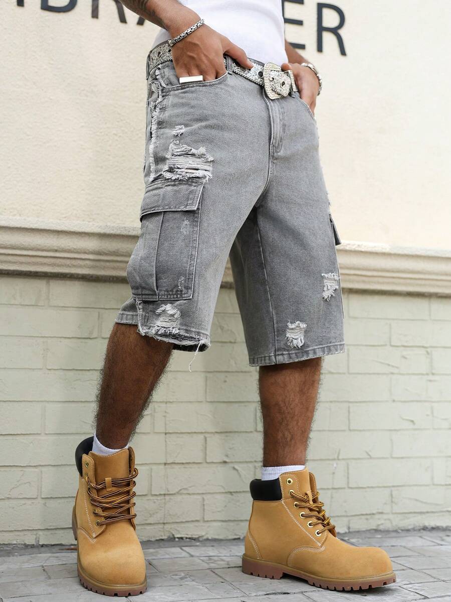 Manfinity EMRG Men's Casual Distressed Frayed Hem Grey Denim Shorts - Dark Grey - View 1