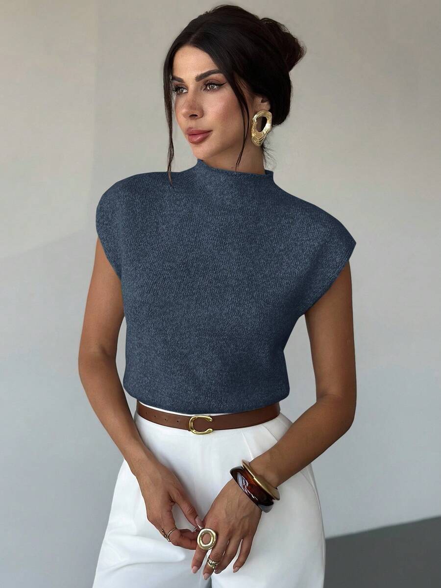 Firerie Elegant High Neck Loose Casual Versatile Sleeveless Knit Sweater Vest Going Out Tops Women,Tops For School In Fall/Winter - Blue - View 1