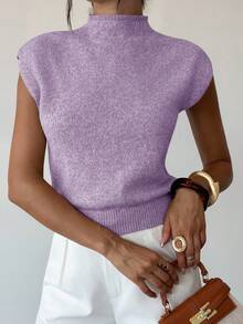 Firerie 优雅高领宽松休闲百搭无袖针织背心，适合外出穿着，秋冬季校园上衣 - 淡紫色 - 查看 6