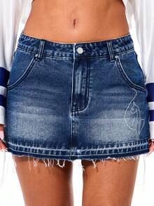BABYPHAT Denim Mini Skirt With Rhinestone Text Detail Frayed Hem Medium Wash Distressed Style Casual Summer Festival Fashion - Blue - View 2