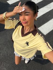 Muchica 女士撞色刺绣学院风Polo衫 - 黃色 - 查看 6