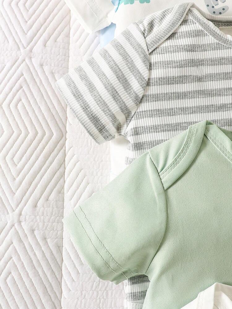 SHEIN Conjunto de 5 piezas para bebé recién nacido unisex: Pelele + Pantalones + Gorro, para verano - Multicolor - Añade 5