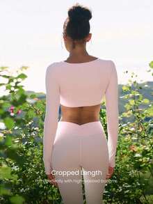 GLOWMODE Valentine's Day FeatherFit™ Heartline Buttery-Soft Sweat-Wicking Stretchy Thumbhole Design Gathered Bust Removable Cups Cropped Long-Sleeve Low Impact Yoga Studio Gym Daily Active Wear - Pink - View 2