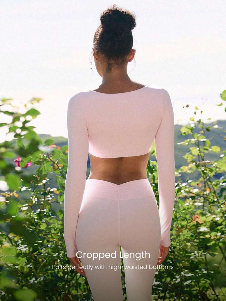 FeatherFit™ Heartline Buttery-Soft Sweat-Wicking Stretchy Thumbhole Design Gathered Bust Removable Cups Cropped Long-Sleeve Low Impact Yoga Pilates Studio Gym Daily Active Wear