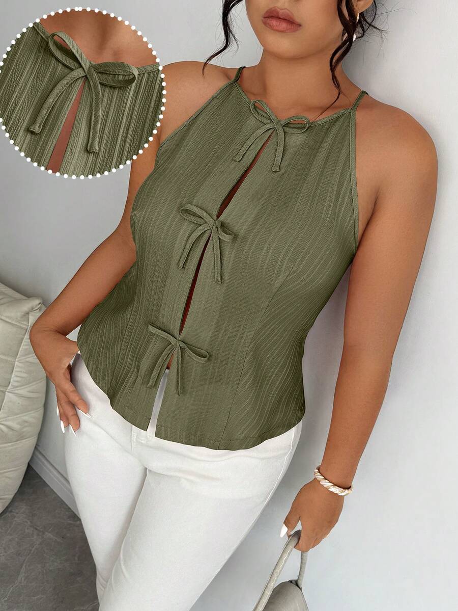 Elenzga Plus Size Women Solid Color Bow Decor Casual Halter Neck Tank Top - Army Green - View 1