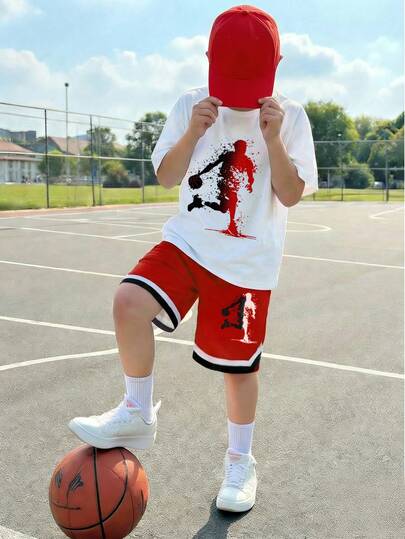 Fantacosmos Set de 2 piezas Camiseta de manga corta y pantalones cortos para niños preadolescentes de primavera/verano, con contraste de color rojo y blanco con estampado de salpicaduras de baloncesto, conjunto deportivo casual y enérgico para niños