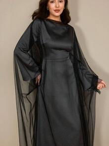 Al Najma 女士优雅撞色网纱宽松阿拉伯风连衣裙，秋季 - 灰色 - 查看 4