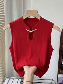 Franclia 女士立领珍珠纽扣无袖紧身背心，纯色 - 紅色 - 查看 3