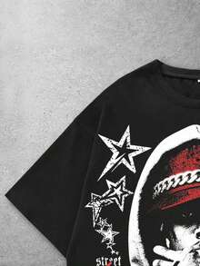 ROMWE MEN Street Life Men's Printed Short Sleeve T-Shirt, Suitable For Everyday Wear In Spring/Summer - Black - View 4