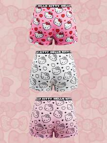 HELLO KITTY AND FRIENDS | SHEIN 3条装女士可爱卡通爱心字母全印花松紧腰平角短裤 - 粉色 - 查看 2