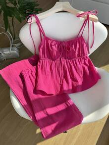 Comfortcana Woven Fuchsia Linen Tank Top And Pants Set - Hot Pink - View 6