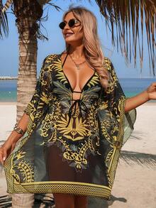 Swim Lushoire 1件装女士中东宫廷风格金色图案印花连体抽绳长袍 - 黑色 - 查看 5