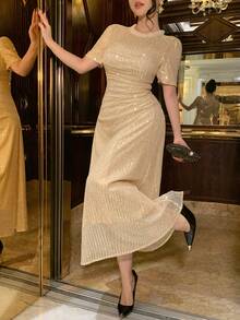 DAZY 优雅女士中长连衣裙，饰有水钻，适合情人节、婚礼、派对、正式场合，收腰设计，春夏闪亮连衣裙 - 金色 - 查看 7