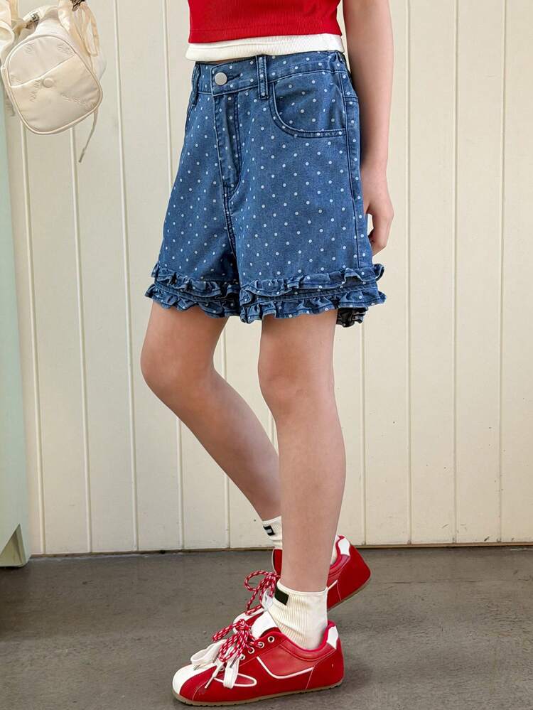 Tween Girls' Polka Dot Print Denim Shorts, Fall Summer