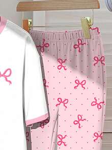 SHEIN Leap Crew 2pcs Tween Girls' Casual Sweet Pink Polka Dot Bow Print Short Sleeve Top And Pants Set, Suitable For Summer Family Outing, Easy Comfort, Casual Wear - Multicolor - View 6