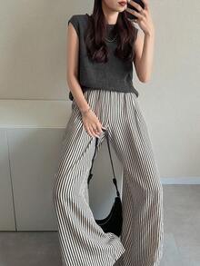FRIFUL Women's Solid Color Round Neck Loose Tank Top And Striped Wide Leg Pants Casual 2 Pieces Set Lounge Sets For Women - Black - View 6