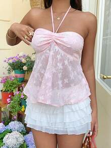 MainGRL Women's Pink Vacation Casual Sequin Embroidered Ruched Backless Halter Neck Sexy Top,Summer Outfits,Beach Outfit For Women - Baby Pink - View 3