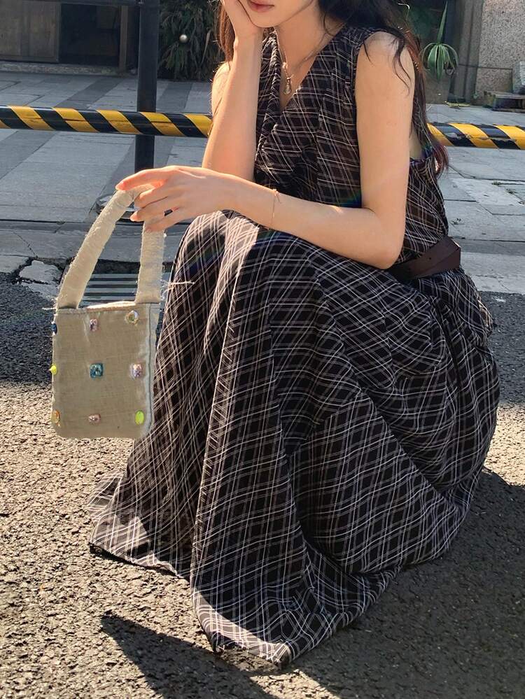 Women's Plunging Neck Sleeveless Argyle Maxi 2 Pieces Set, Fashionable For Summer