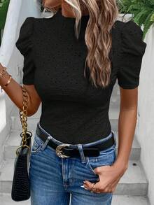 SHEIN LUNE Eyelet Embroidery Puff Sleeve Mock Neck Tee - Black - View 7
