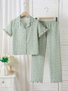 2件套少女碎花印花Polo领短袖上衣和休闲裤家居服套装 - 綠色 - 查看 4