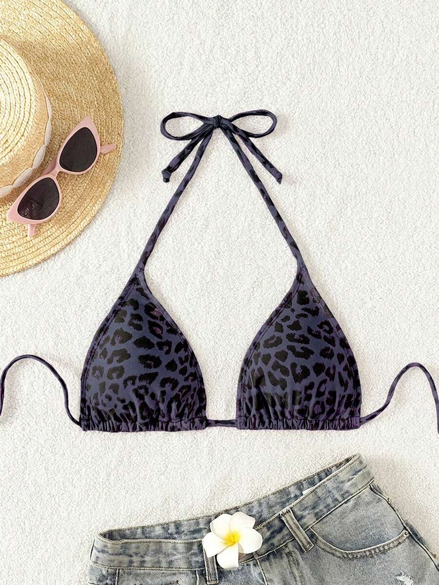 Swim Vcay 2025年女士夏季度假沙滩豹纹吊带比基尼上衣 - 黑色 - 查看 1