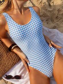 Swim Mod 2026SS New Women's Swimwear Arrival For Holiday, Date, Western, Cruise, Beach, Island, Road Trip, All Seasons, Music Festival, Boho Vacation,Bohemian Vacation, Chill Autumn Boho Y2K Women's Summer Vacation Beach Plaid Backless One-Piece Swimsuit Gingham Bathing Suit Checkered Bathing Suit Plaid Bathing Suit Blue Gingham Swimsuit Checkered Swimsuit Gingham One Piece Blue Checkered Swimsuit - Blue and White - View 5