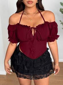 SHEIN LUNE Plus Size Women Summer Elegant Vacation Style Solid Color Frill Trim Tie Front Fitted Blouse - Burgundy - View 1