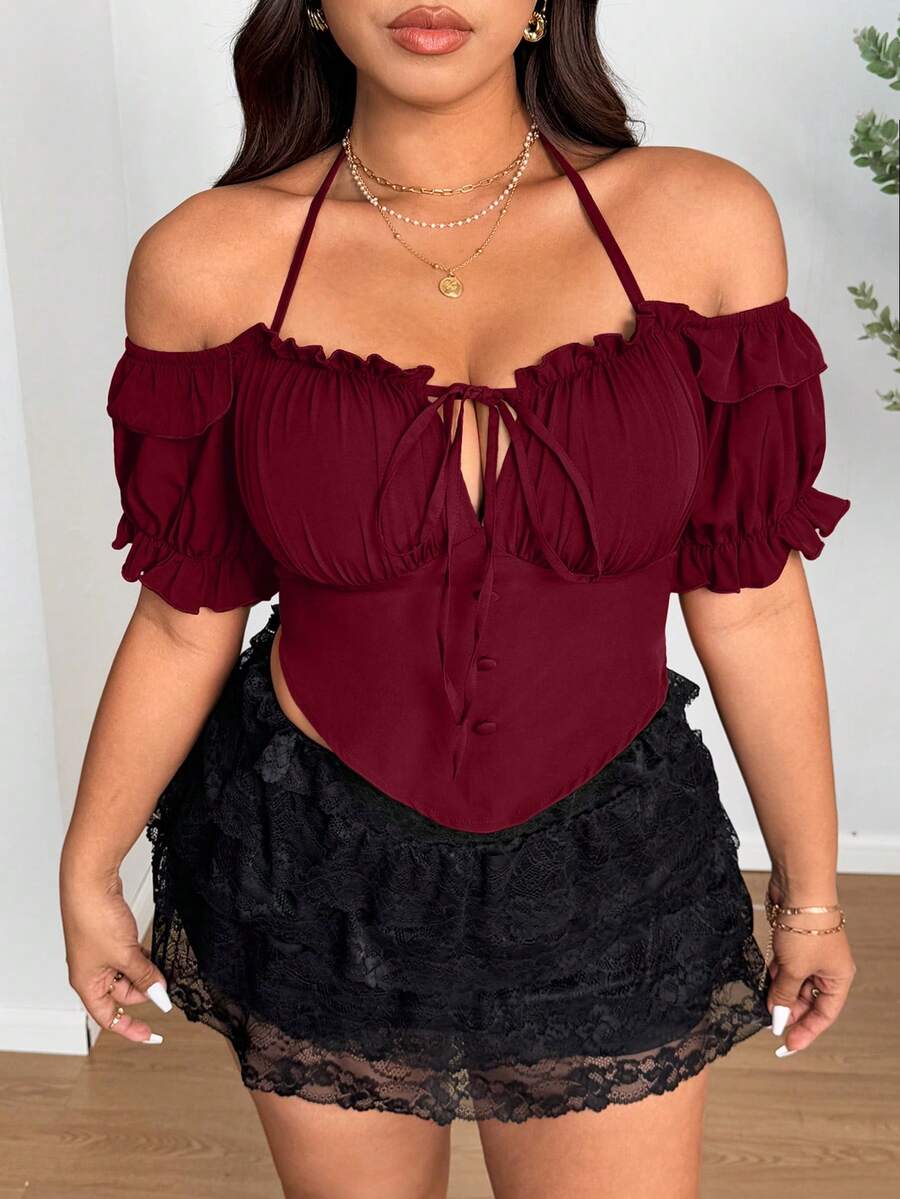 SHEIN LUNE Plus Size Women Summer Elegant Vacation Style Solid Color Frill Trim Tie Front Fitted Blouse - Burgundy - View 1