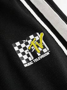 MTV | SHEIN 女士休闲运动日常通勤格子字母印花撞色条纹侧缝高腰喇叭紧身裤 - 黑色 - 查看 4