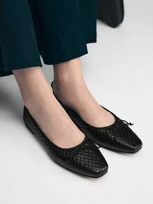 Mnmlis Zapatos planos de punta cuadrada con patrón de rombo francés, zapatos de lujo de alta calidad para el transporte - Negro - Ver 8