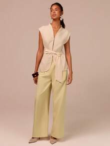 COSMINA Elegant Pleated Office/Casual Wear Yellow Pants - Yellow - View 4