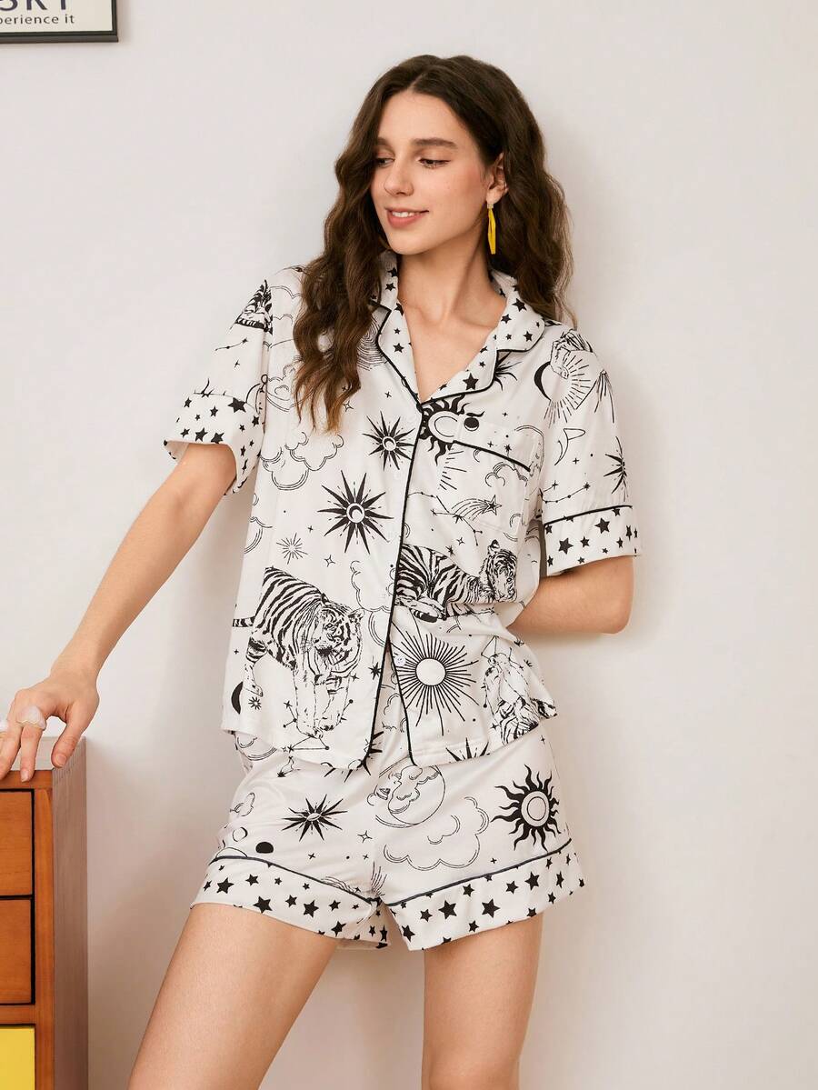 Moon, Sun, Leopard, Tiger Print Pattern Sleepwear, Casual Lapel Sleepwear Set, Cute For Young Women - Multicolor - View 1