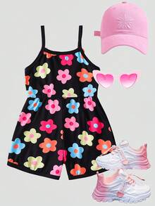 SHEIN Young Girl (Small) White Fashionable Cute Cartoon Colorful Floral Print Sleeveless Jumpsuit, Comfortable Spring/Summer - Black - View 2