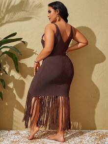 SHEIN Swim Curve Plus Size Women Solid Color Fringe Hem Sleeveless Coverup Dress - Rust Brown - View 2
