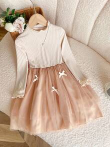 Genkimix Kids Vestido de manga larga con cuello redondo, de malla acanalada, suave y cómodo, con decoración de lazo para niña, para primavera/otoño - Caqui - Ver 1