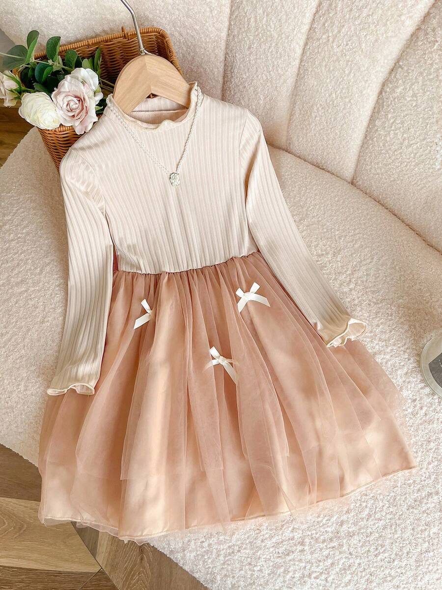 Genkimix Kids Vestido de manga larga con cuello redondo, de malla acanalada, suave y cómodo, con decoración de lazo para niña, para primavera/otoño - Caqui - Ver 1