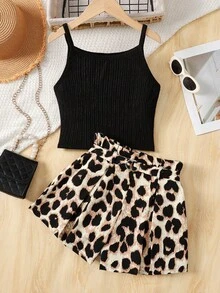 SHEIN Teen Girl Knit Texture Camisole & Leopard Print Shorts 2 Pieces Set, Casual - Apricot - View 1