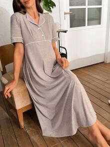 Moonlight&Mama 女士休闲撞色滚边翻领纽扣孕妇连衣裙，适合居家穿着或外穿 - 卡其色 - 查看 4