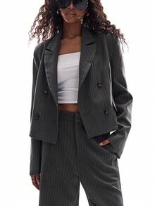 Aveloria GENKIRA Nouvel ensemble de 2 pièces veste de costume courte et pantalon 3/4 moderne et à la mode pour femmes - Gris - Voir 5