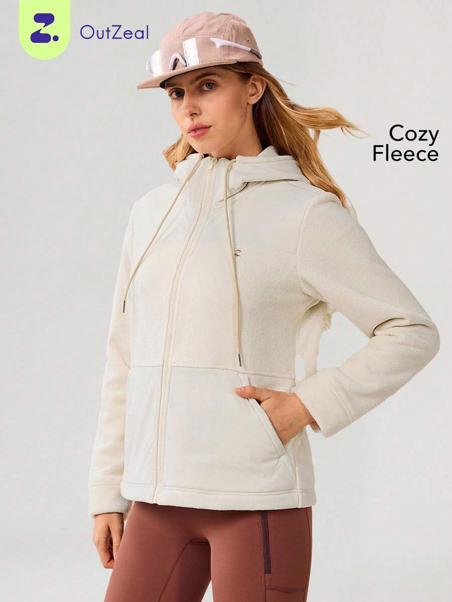 OutZeal Veste d'hiver thermique pour femmes en polaire, manches longues, capuche, zip, poches, idéale pour le camping, la randonnée et les activités de plein air en hiver - Blanc - Voir 1
