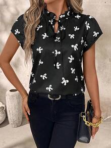 SHEIN Clasi Áo kiểu nữ ôm dáng, cổ buộc nơ, tay ngắn, thích hợp cho mùa hè, phong cách đồng quê, thích hợp cho giáo viên. - Đen và trắng - Xem 5