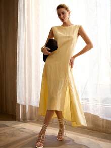 MOTF PREMIUM ASYMMETRIC HEM SLEEVELESS LINEN SHIFT DRESS, MINIMALIST URBAN STYLE, SPRING/SUMMER - Yellow - View 6