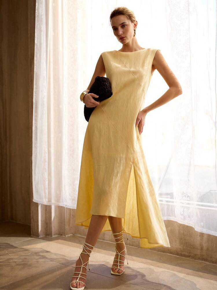 ASYMMETRIC HEM SLEEVELESS LINEN SHIFT DRESS, MINIMALIST URBAN STYLE, SPRING/SUMMER