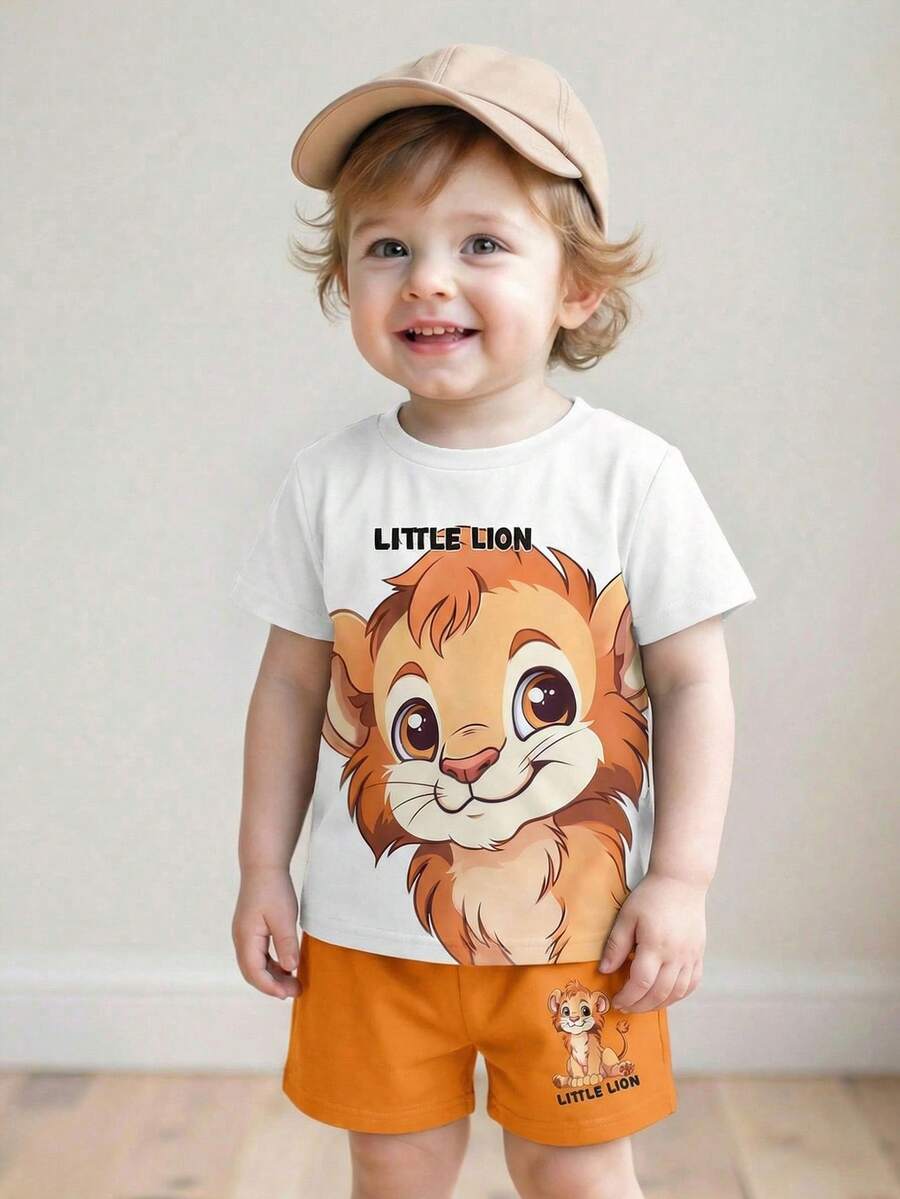 SHEIN Playful Pals 两件套男婴可爱休闲卡通狮子字母印花宽松圆领T恤和短裤套装,适合夏季、休闲、户外、运动、上学穿着 - 彩色 - 查看 1