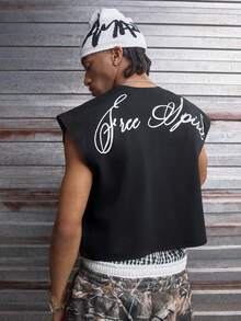 AXEPEAK 男士休闲字母印花宽松圆领背心，夏季 - 黑色 - 查看 5