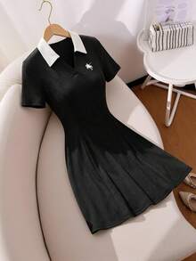 SHEIN 优雅黑白束腰Polo衫连衣裙，适合少女穿着，休闲百搭，适合度假、上学、日常穿着，春夏皆宜。黑色连衣裙，优雅连衣裙，女童Polo衫连衣裙，女童翻领连衣裙 - 黑色 - 查看 7