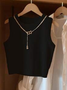 Resyla Camiseta de tirantes negra de cuello redondo casual y versátil para mujer - Negro - Ver 4