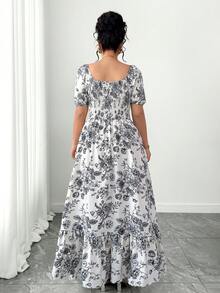 Elenzga Đầm hè cỡ lớn dành cho nữ, đầm maxi ôm dáng thanh lịch, tối giản, in họa tiết phác thảo, cổ vuông, tay ngắn, bèo nhún ở eo, thắt lưng, đầm trắng cỡ lớn dành cho nữ, thích hợp cho mùa xuân, ngày lễ tình nhân, tiệc tùng, đám cưới, lễ tốt nghiệp, kỳ nghỉ, đầm thanh lịch dành cho nữ, đầm thường ngày dành cho nữ, đầm dự tiệc, trang phục đi chơi dành cho nữ. - Đen và trắng - Xem 2