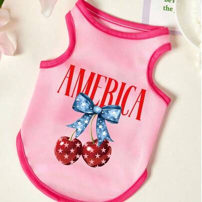 PETSIN 1件樱桃字母印花宠物背心，透气亲肤，玫瑰红粉色款