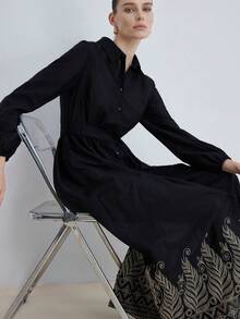 Aveloria Modichic 黑色长袖衬衫裙，精致刺绣，亮片和珍珠点缀，经典优雅度假风，适合职场、正式场合，翻领设计，羽毛刺绣，腰部系带，A字中长款廓形，轻盈雪纺面料。主要特点：刺绣连衣裙，腰部系带连衣裙，长袖衬衫裙，优雅风格，职场穿搭推荐，秋冬新品，修身设计，纯色连衣裙，雪纺面料。 - 黑色 - 查看 5